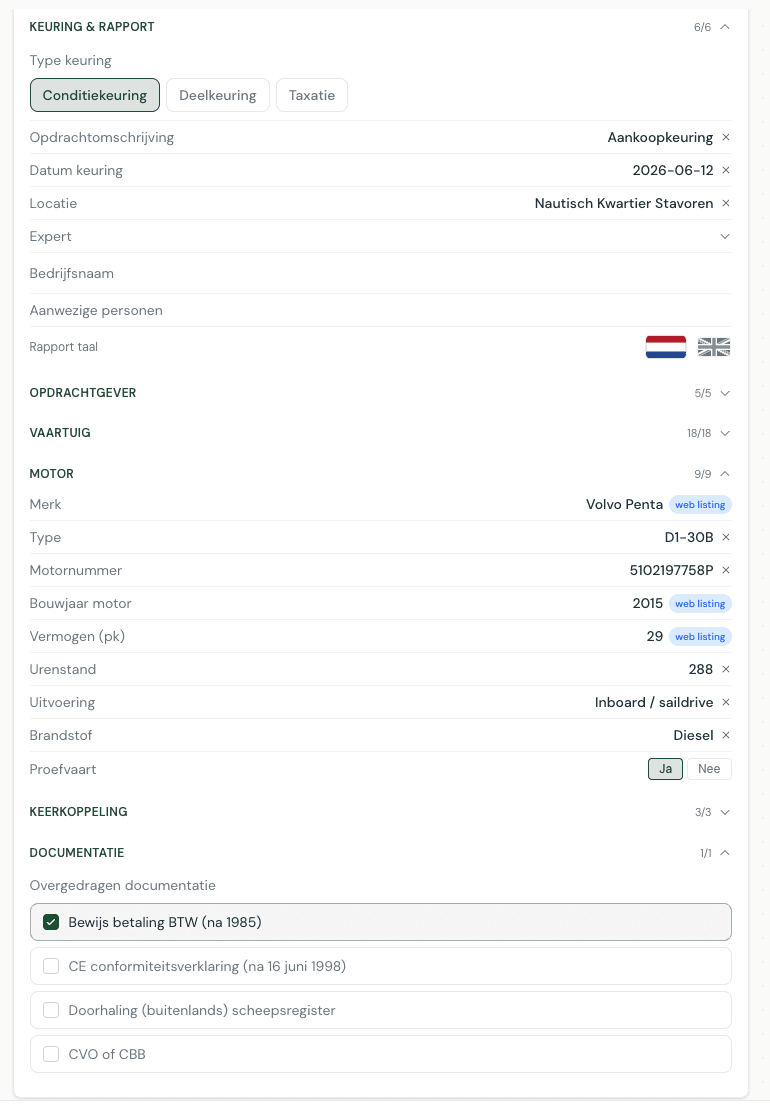App-scherm: algemene gegevens van vaartuig en motor, deels automatisch ingevuld vanuit de web listing