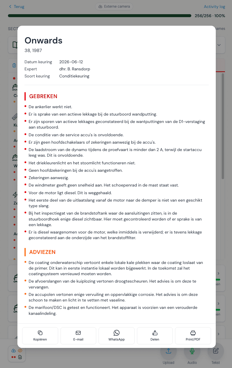 App-scherm: deelbare gebreken- en adviezenlijst met knoppen voor kopiëren, e-mail, WhatsApp en PDF