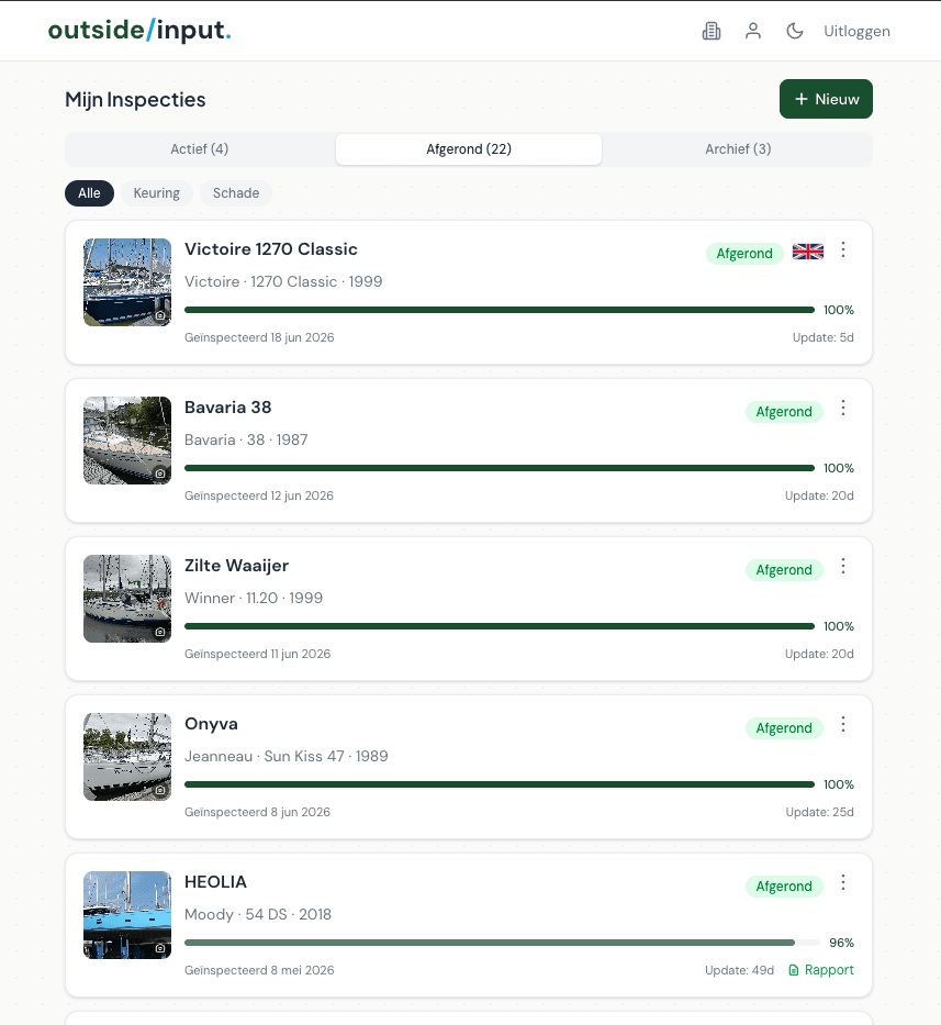 App-scherm: overzicht Mijn Inspecties met afgeronde keuringen en schade-expertises in één lijst