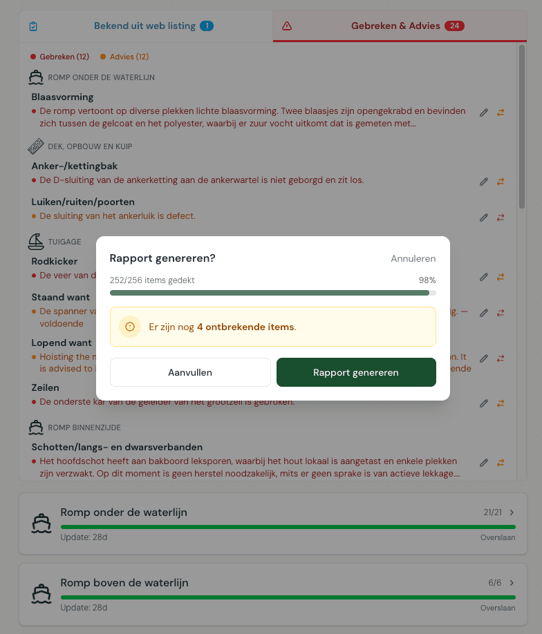 App-scherm: gebreken- en adviezenoverzicht met de knop Rapport genereren, 98% van de items gedekt