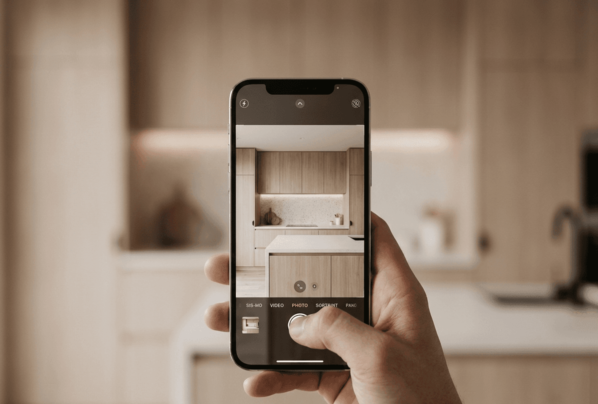 Taxateur documenteert een keuken met smartphone