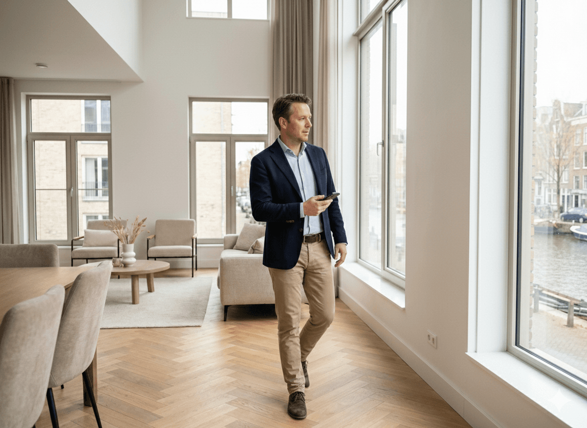 Taxateur loopt door een woning tijdens de opname